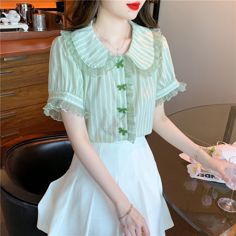 Áo Sơ Mi Tay Phồng Cổ Búp Bê Họa Tiết Kẻ Sọc Thời Trang Pháp 2023 Cho Nữ