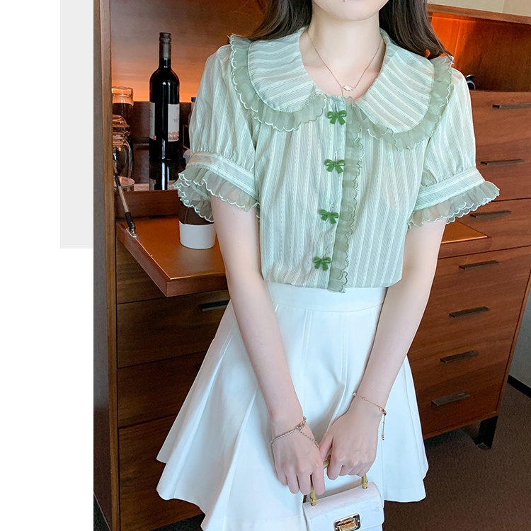 Áo Sơ Mi Tay Phồng Cổ Búp Bê Họa Tiết Kẻ Sọc Thời Trang Pháp 2023 Cho Nữ