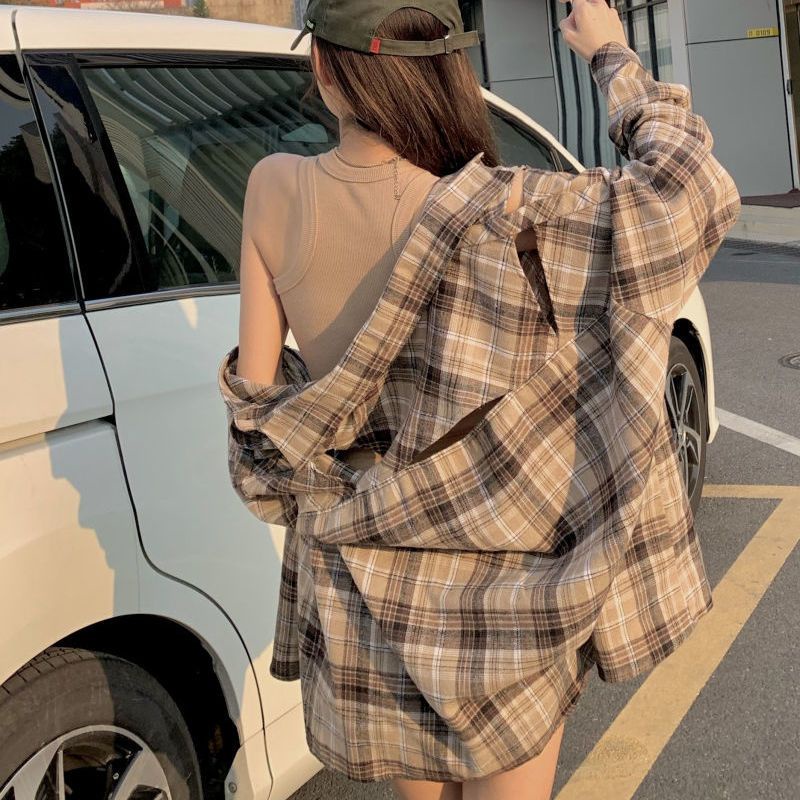 Áo Sơ Mi Nữ Dáng Rộng Hở Vai Họa Tiết Caro Phong Cách Hàn Quốc Dễ Phối Đồ