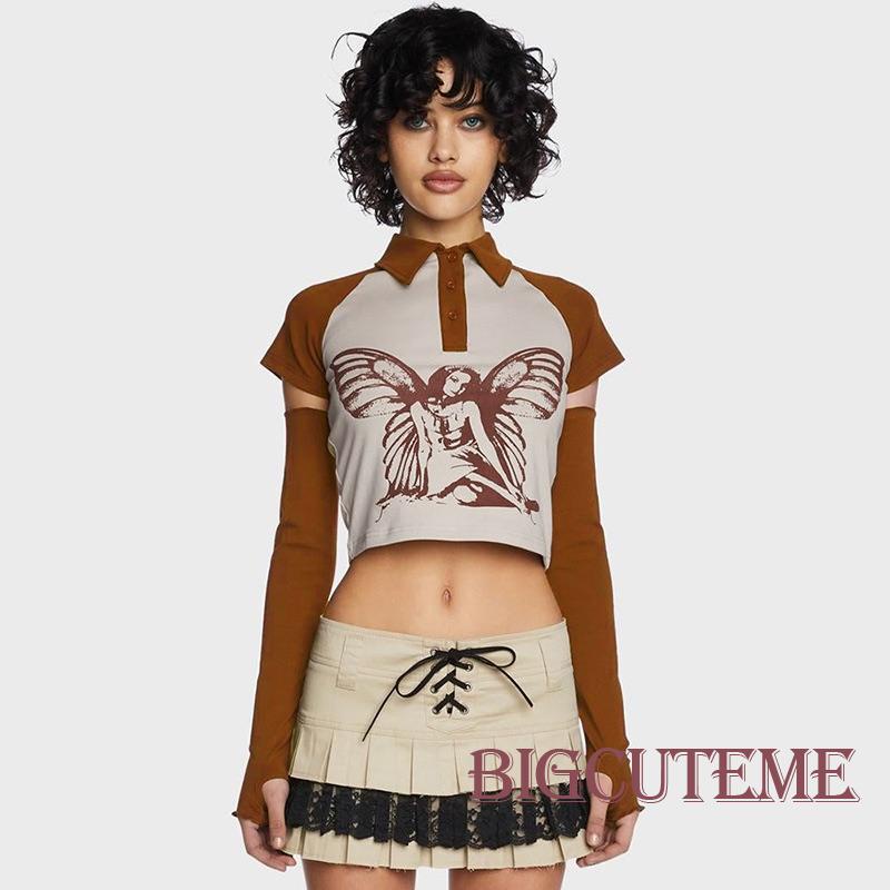 Áo Thun Crop Top Tay Ngắn 1 / 2 Nút Họa Tiết Yêu Tinh Cơ Bản Dành Cho Nữ Đi Tiệc Đường Phố