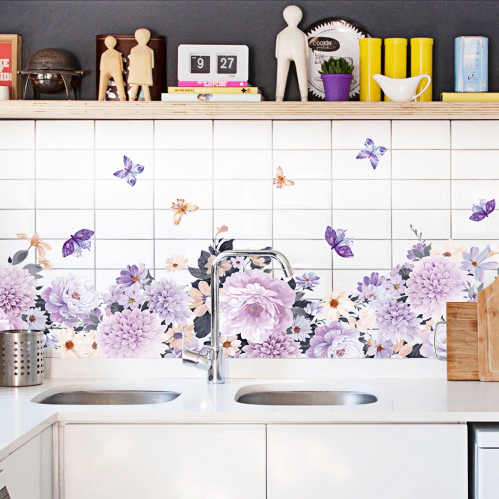 Miếng Dán Tường Bằng PVC Chống Thấm Nước Họa Tiết Hoa Và Bướm Độc Đáo Trang Trí Nhà Cửa DIY