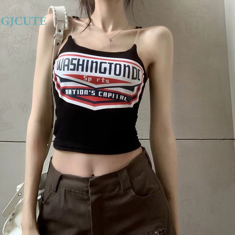 Áo Hai Dây Mỏng Mùa Hè In Chữ Phong Cách Retro Mỹ Cho Nữ