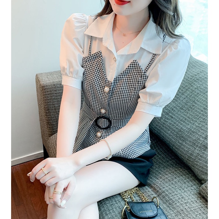 Áo Sơ Mi Chiffon Tay Ngắn Họa Tiết Sọc Caro Phong Cách Vintage Thời Trang Công Sở Cho Nữ