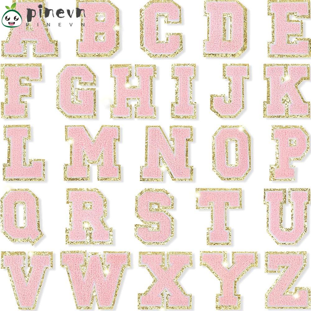 PINEVN Miếng Vá Ủi Quần Áo / Túi Xách Bằng Vải Chenille Thêu Chữ Nhỏ Màu Hồng Lấp Lánh 6cm