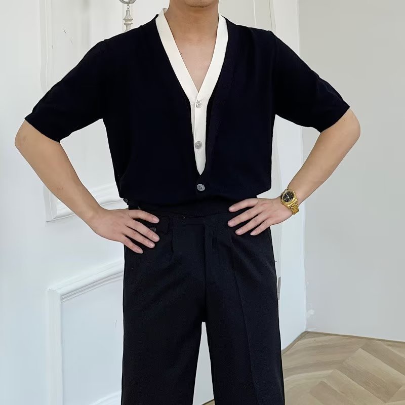 Áo Thun Tay Ngắn Giả Hai Lớp Cổ Chữ V Màu Sắc Tương Phản Phong Cách Hàn Quốc Thời Trang Xuân Hè Cho Nam