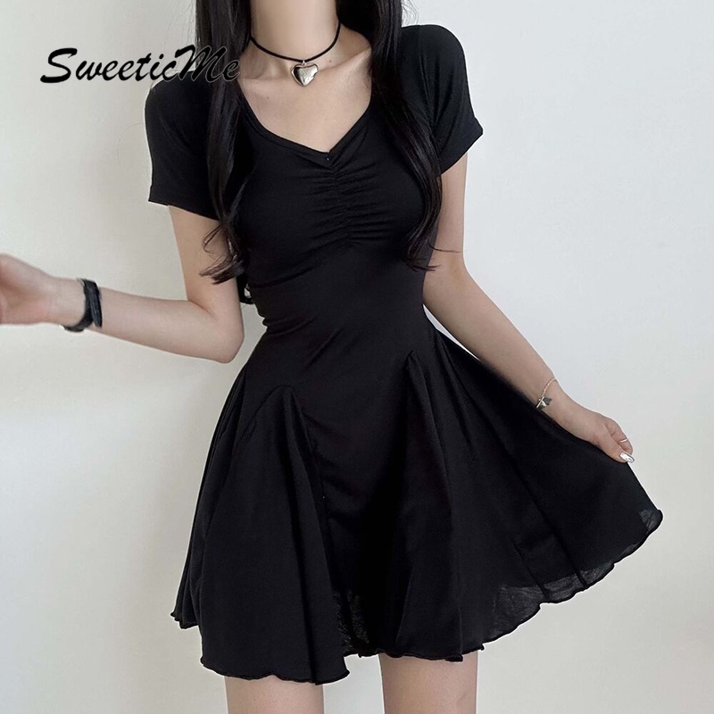 Đầm Tay Ngắn Cổ Chữ V Màu Trơn Dáng Ôm Thời Trang 2023 Dành Cho Nữ