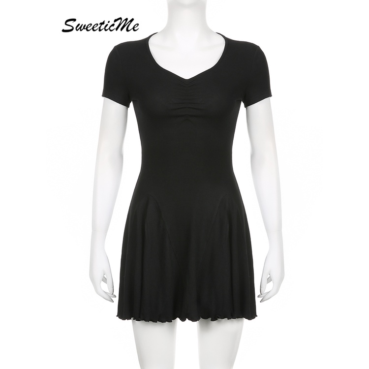 Đầm Tay Ngắn Cổ Chữ V Màu Trơn Dáng Ôm Thời Trang 2023 Dành Cho Nữ