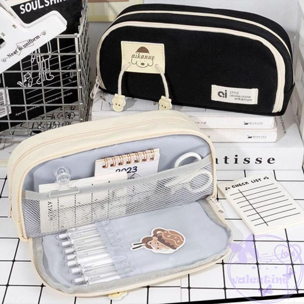 AVALENTINE Túi Đựng Bút Bằng Vải Canvas Nhiều Ngăn In Hình Cún Dễ Thương Kiểu Hàn Quốc