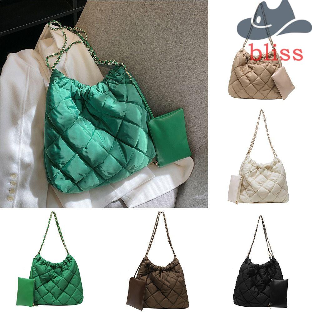 BLISS Túi Cotton Kẹp Nách Họa Tiết Lưới Hình Thoi Màu Trơn Dễ Thương Sức Chứa Lớn Kèm Ví Đựng Tiền Xu Phong Cách Hàn Quốc Cho Nữ