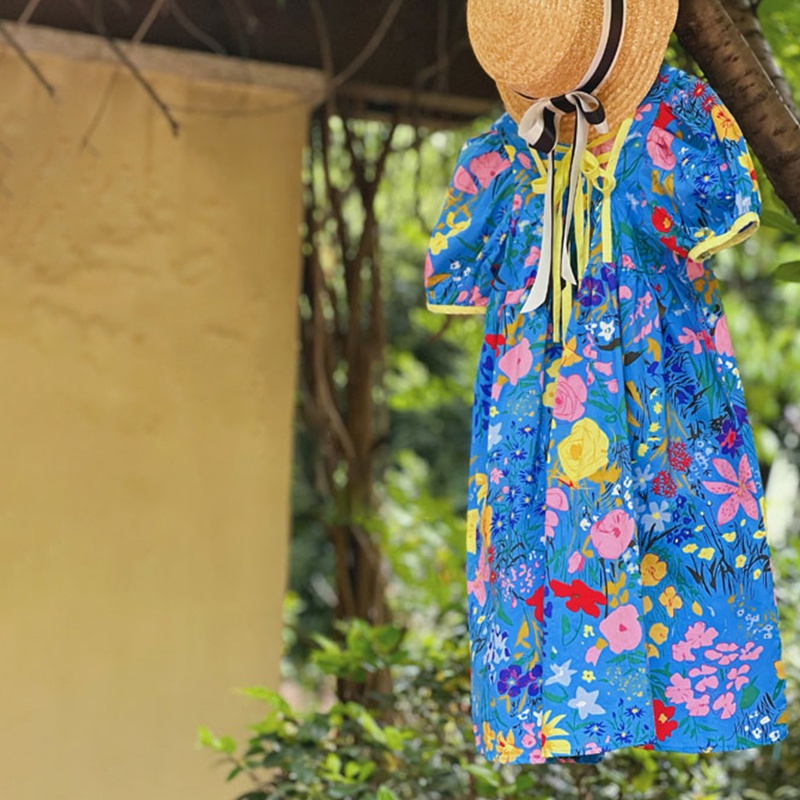 Đầm Công Chúa Tay Phồng Cổ Tròn Họa Tiết Hoa Thời Trang Mùa Hè Hàn Quốc Cho Bé Gái