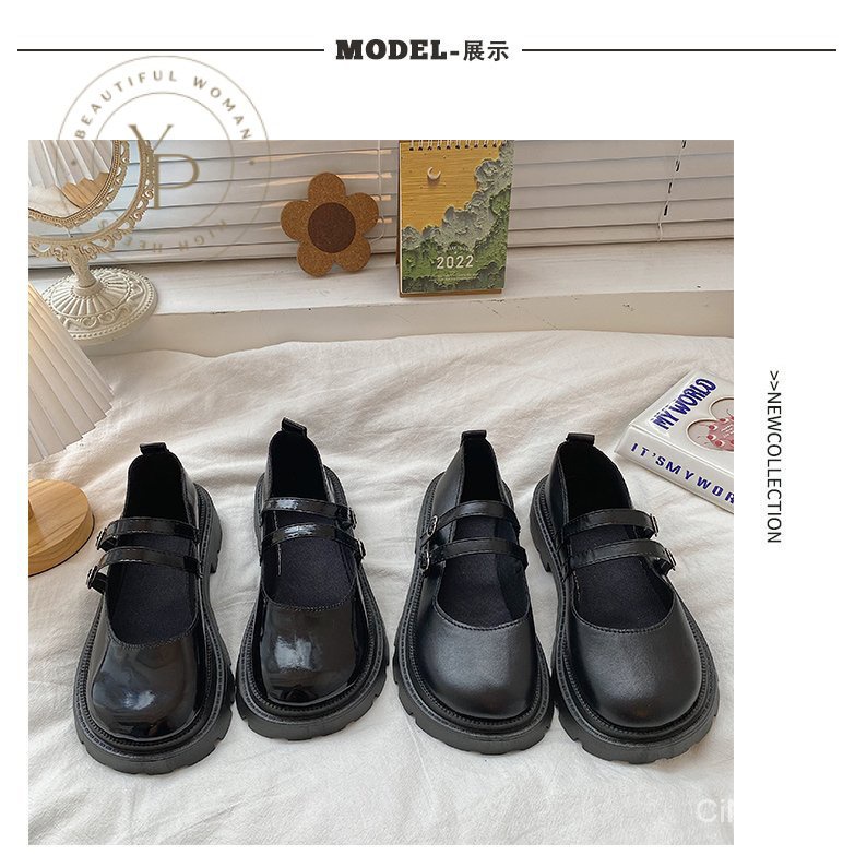 Giày Búp Bê Mũi Tròn Đế Thấp Bằng Sợi Polyester Màu Trơn Phối Khóa Cài