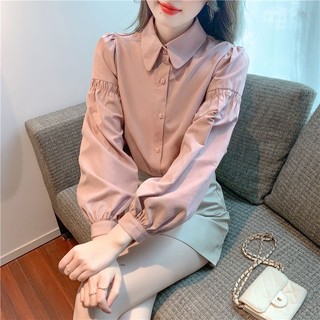 Áo sơ mi nữ tay dài cổ bẻ màu trơn thời trang