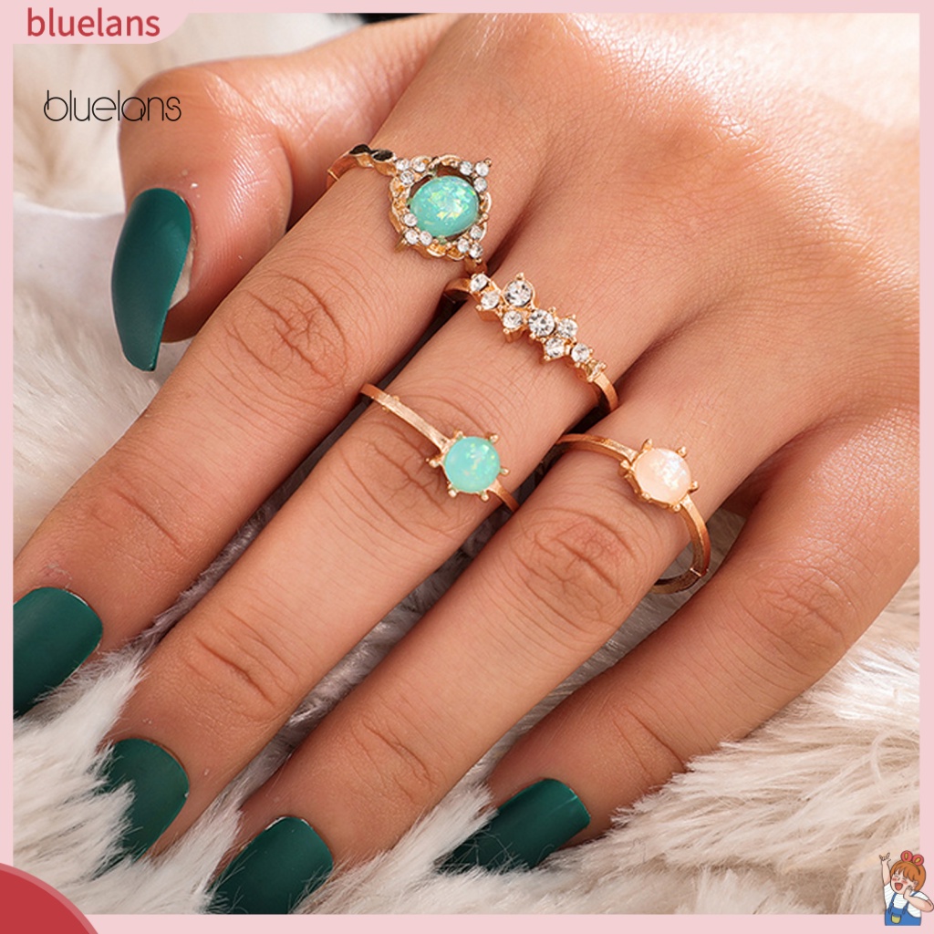 Set 4 Nhẫn Hợp Kim Đính Đá Quý Nhân Tạo Nhiều Màu Sắc Thời Trang