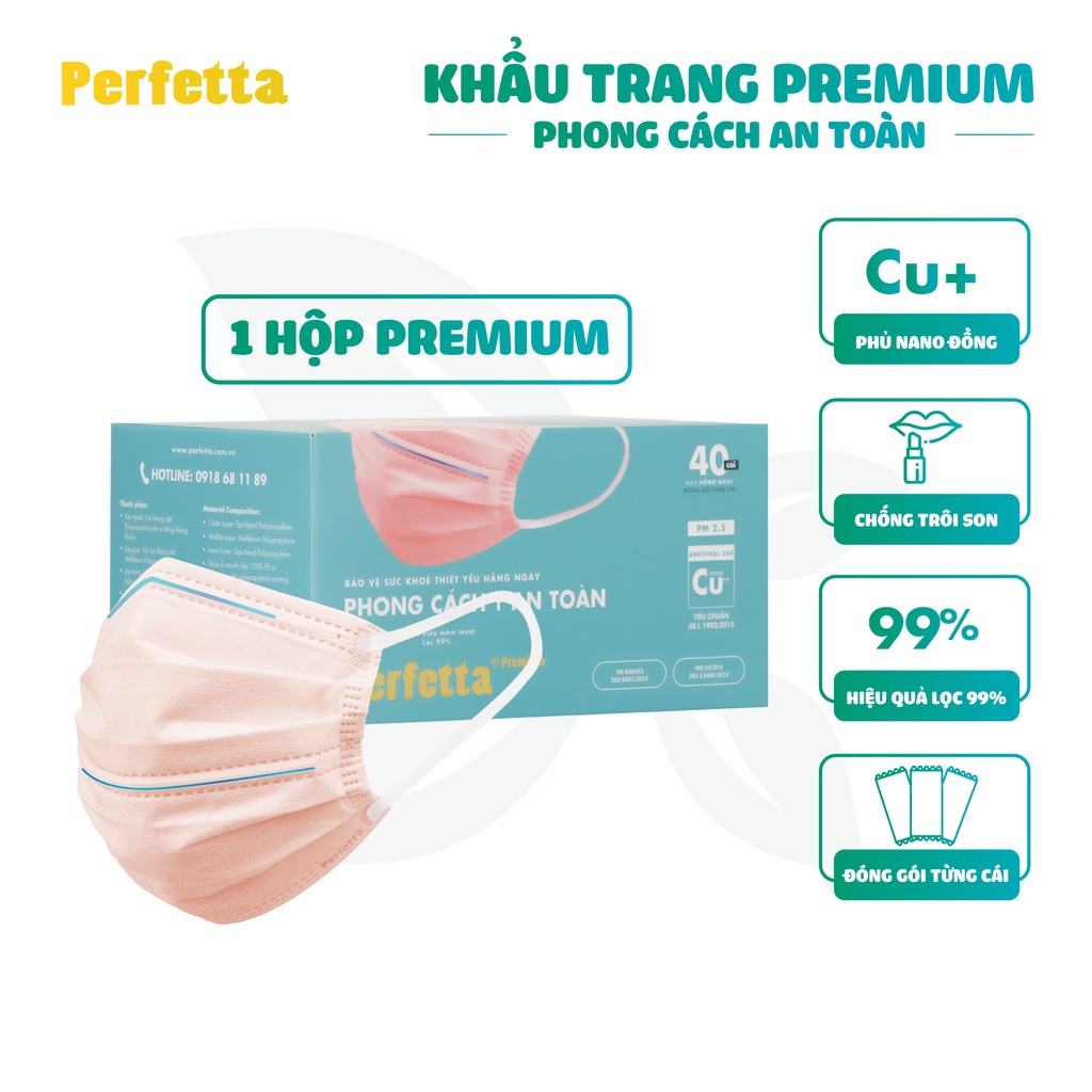 Khẩu Trang Y Tế 3 Lớp Cao Cấp - Chính hãng Perfetta Premium Cao Cấp -Hai thanh mũi miệng phủ Nano đồng (40 cái/hộp)