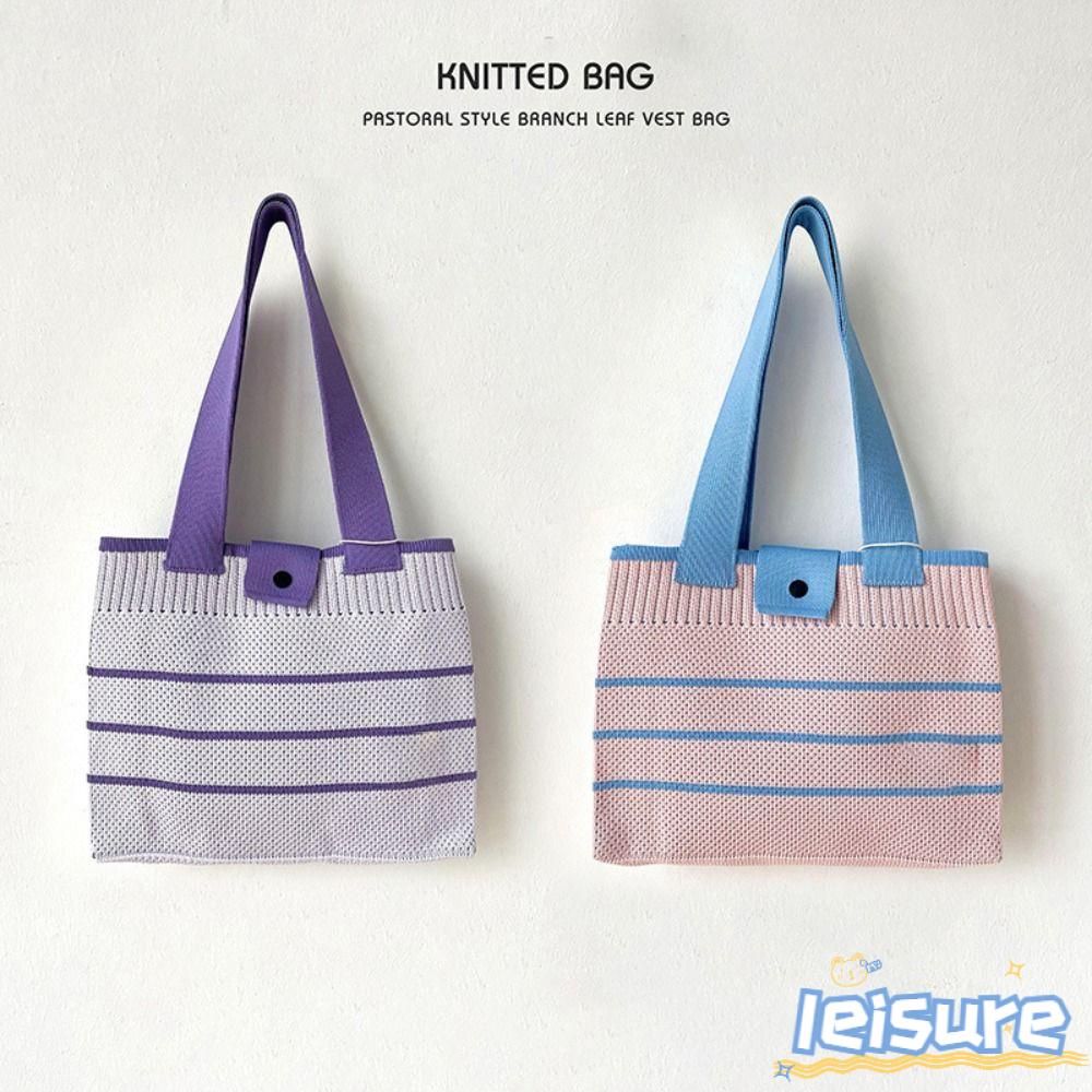 LEISURE Túi Xách Đan Len Thủ Công Sức Chứa Lớn Thắt Nút Họa Tiết Kẻ Sọc Màu Sắc Giản Dị Dành Cho Học Sinh