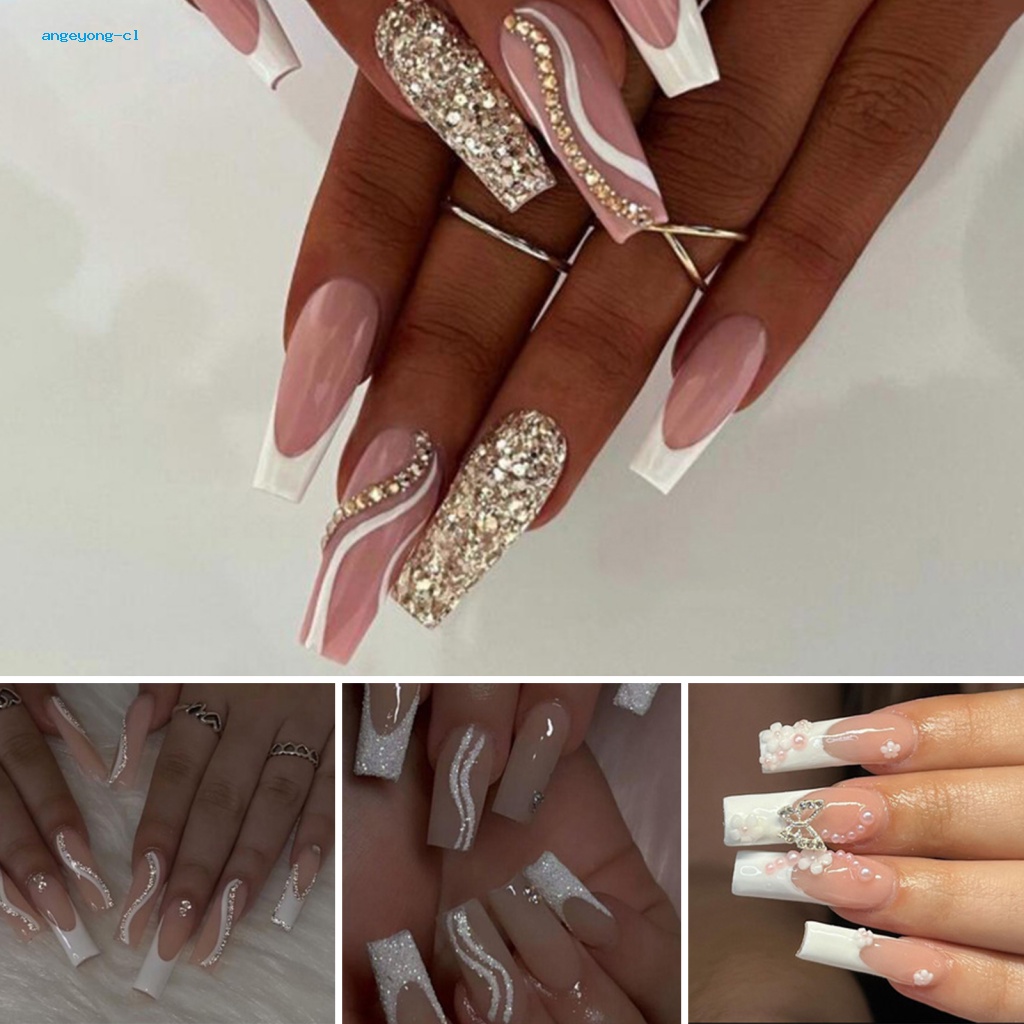 Bộ 24 Móng Tay Giả Dạng Nhấn Chống Nước Lâu Trôi Phong Cách Pháp Cho Bất Kỳ Occasion