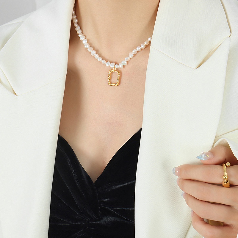 Vòng cổ Chuỗi Ngọc Trai Hình Bầu Dục Không Phai Màu Phong Cách Pháp Thanh Lịch