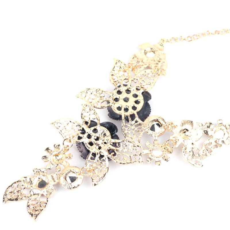 Bộ Vòng cổ + Bông Tai Đính Đá Hình Hoa Lá Khoét Rỗng Cho Nữ