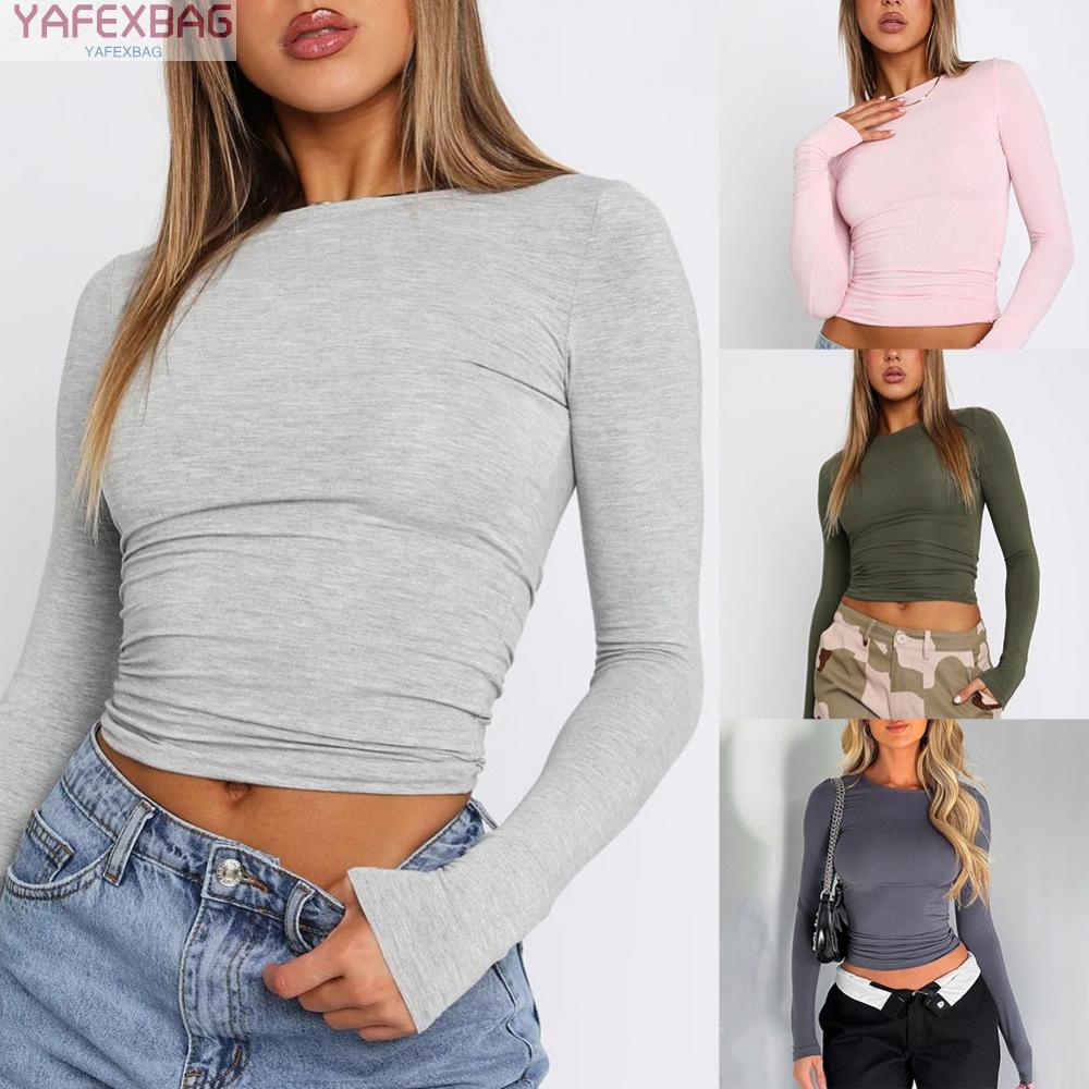 Women Long Sleeve Round Neck Slim Fit Crop Top Bodycon Basic Pullover T Shirt