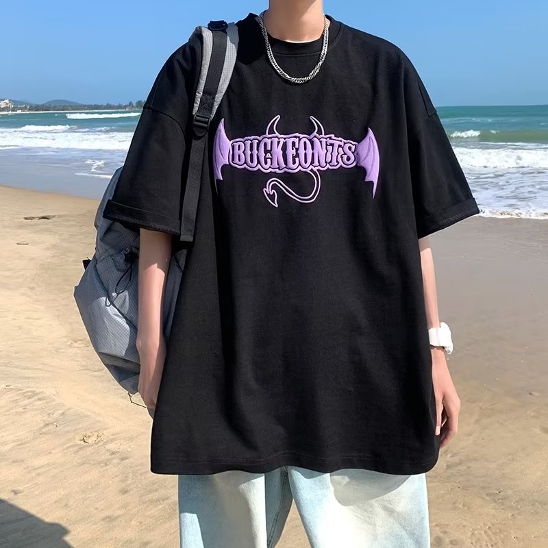 Áo Thun Tay Ngắn Dáng Rộng In Hình Cánh Quỷ Thời Trang Mùa Hè Cho Nam