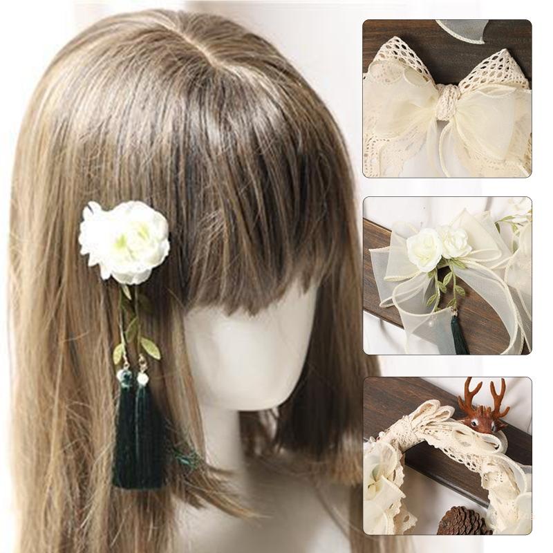 Kẹp Tóc Nơ Ruy Băng Phối Ren Hoa Hồng Nhân Tạo Phong Cách Lolita Ngọt Ngào Dành Cho Nữ