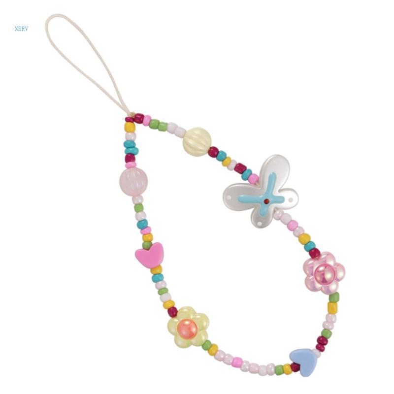 Dây Đeo Điện Thoại Dạng Chuỗi Hạt Dài 26 + 4cm Họa Tiết Hoa Và Bướm Xinh Xắn