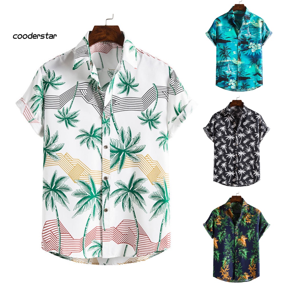Áo Sơ Mi Tay Ngắn Cổ Bẻ In Họa Tiết Cây Dừa Phong Cách Hawaii Thời Trang Mùa Hè Cho Nam