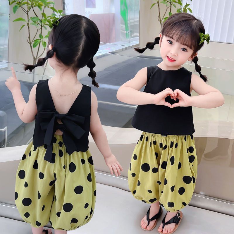 Hàng Mới Về Mới Set Áo Dây Chấm Bi + Áo Khoác Không Tay + Quần Short Thời Trang Mùa Hè Cho Bé Gái