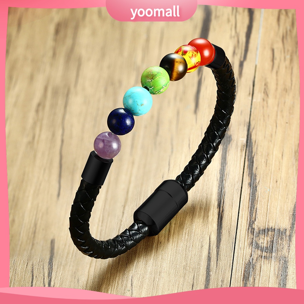 [YM] Vòng Đeo Tay Dây Da Bện Siêu Nhẹ Chống Mài Mòn Trang Trí Hạt Đá Hợp Kim Đơn Giản Cho Nam Và Nữ