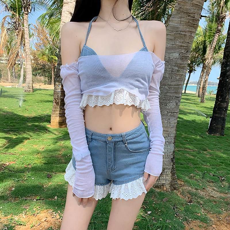 [Meifuyi] Bra+Shorts Set Women Sexy Halter Cropped Lace Backless Denim Elastic Waist Beach COD