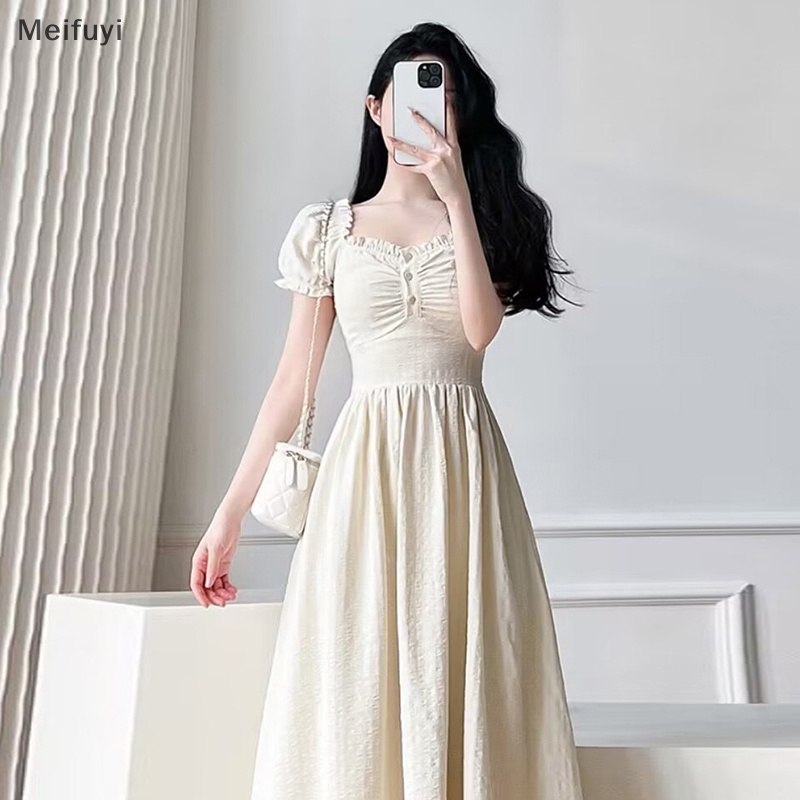 [Meifuyi] Puff Sleeve Dresses Women Midi Sweet Bodycon Summer French Style Ruffles Casual Dress COD
