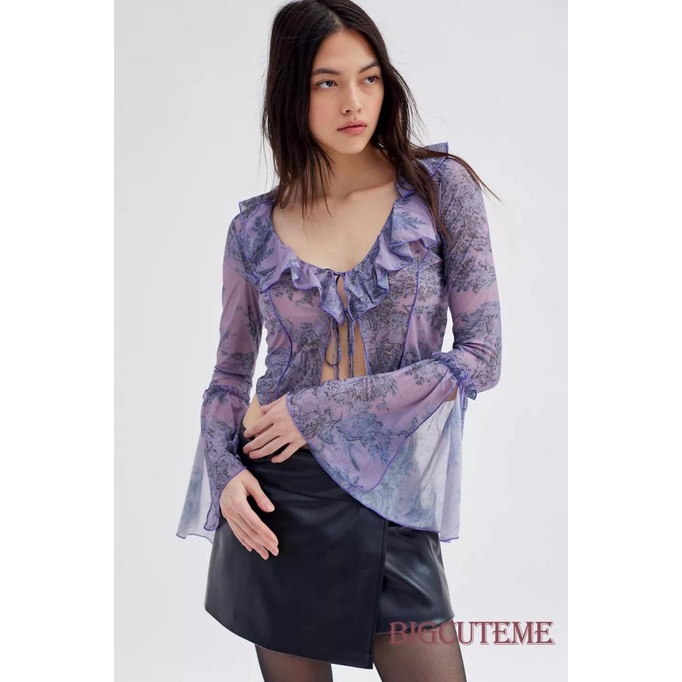 [] - Áo Crop Top Dáng Ôm Tay Loe Dài Khoét Sâu Gợi Cảm Mùa Hè Cho Nữ