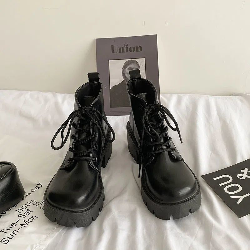 Giày Bốt Martin Da Bóng Gót Dày Tăng Chiều Cao Cá Tính