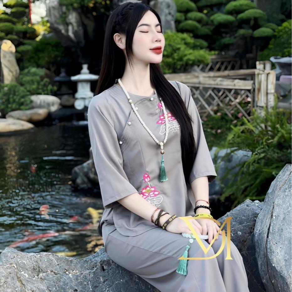 Bộ quần áo đi chùa lụa trượt sen thêu vạt sóng đính ngọc trai - Pháp Phục Cô Thỏ