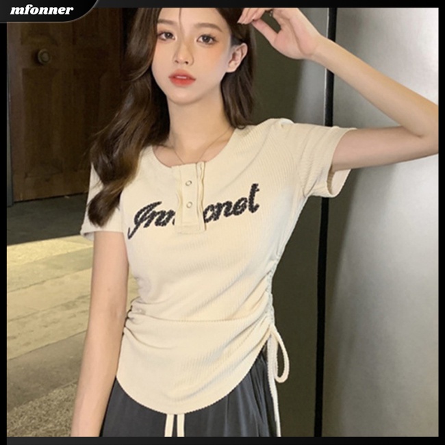 Áo Thun Tay Ngắn Cổ Tròn Phối Dây Rút Thời Trang Mùa Hè Quyến Rũ Cho Nữ