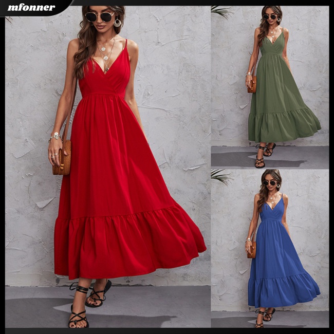 Đầm Dài Hai Dây Dáng Chữ A Lưng Cao Màu Sắc Đơn Giản Thời Trang Mùa Hè Cho Nữ