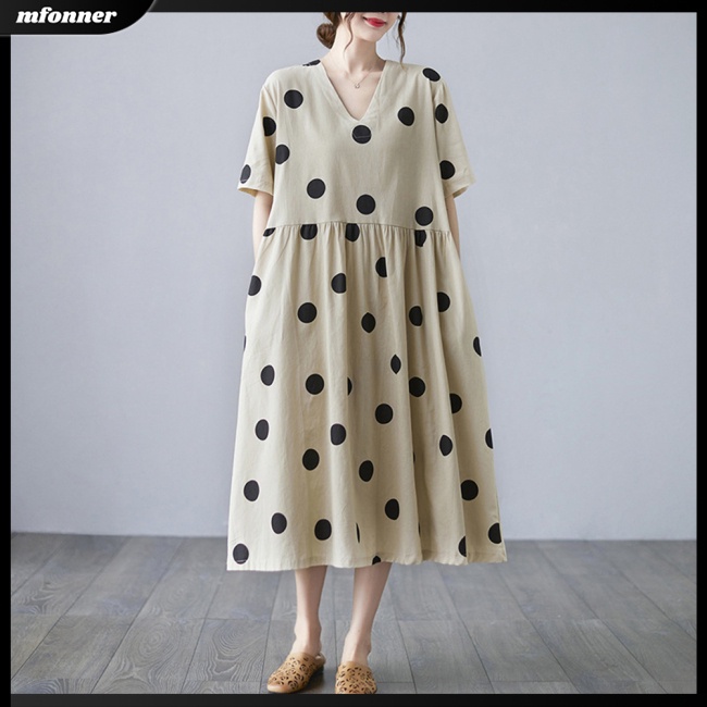 Đầm Cotton Lanh Cổ Chữ V Dáng Rộng Họa Tiết Chấm Bi Thời Trang Mùa Hè Cho Nữ