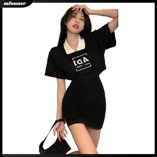 Đầm Tay Ngắn Cổ Bẻ Thêu Chữ Ôm Dáng Quyến Rũ Thời Trang Mùa Hè Cho Nữ