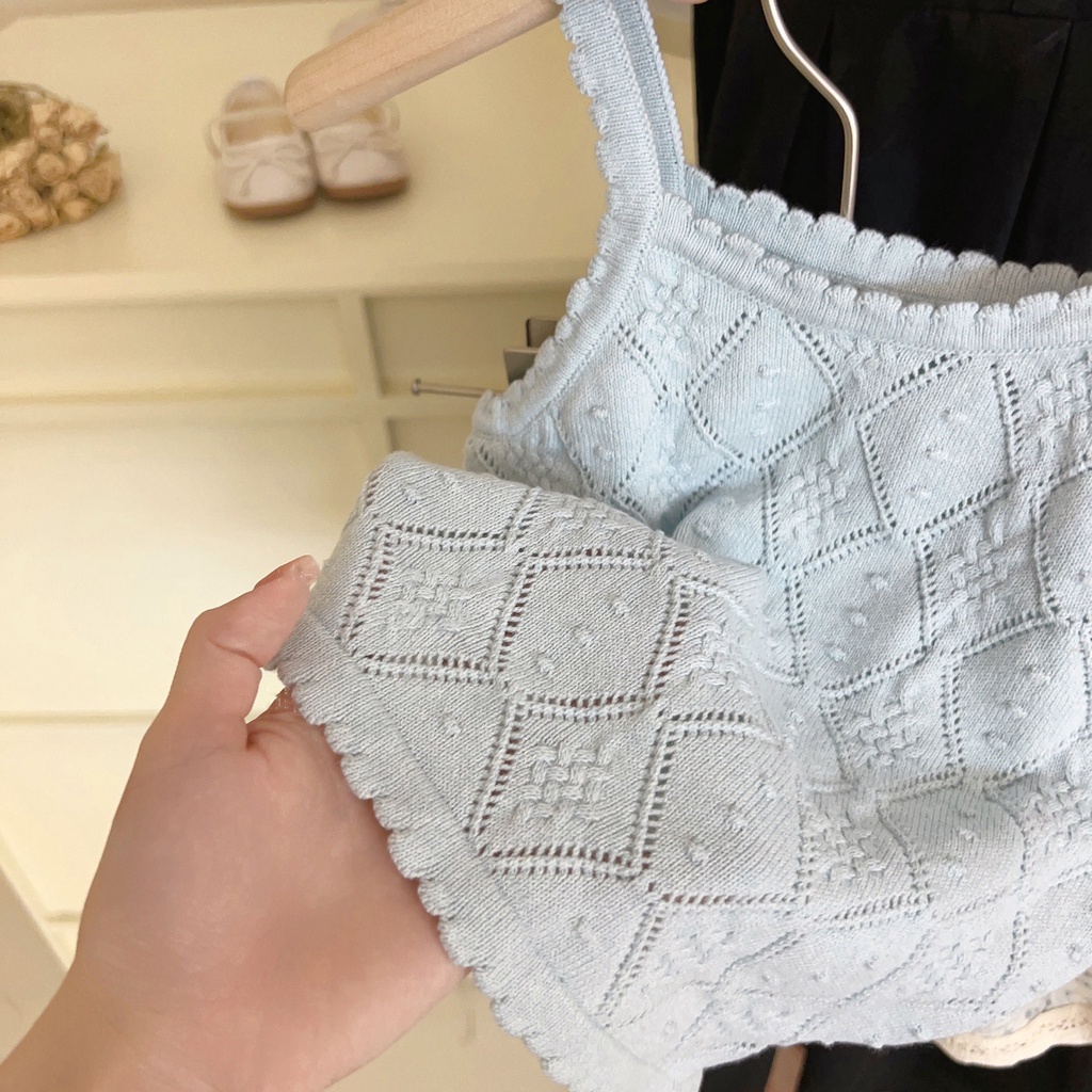 Bộ Áo Hai Dây Dệt Kim Phối Chân Váy Ren Kiểu Pháp Dễ Thương Thời Trang Mùa Hè Cho Bé Gái