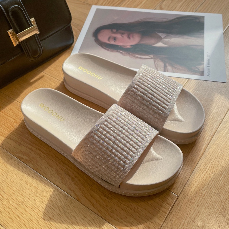 Dép Xỏ Ngón Đế Phẳng Màu Trơn Đính Kim Sa Lấp Lánh Thời Trang Mùa Hè Dành Cho Bạn Nữ Mang Trong Nhà / Đi Biển