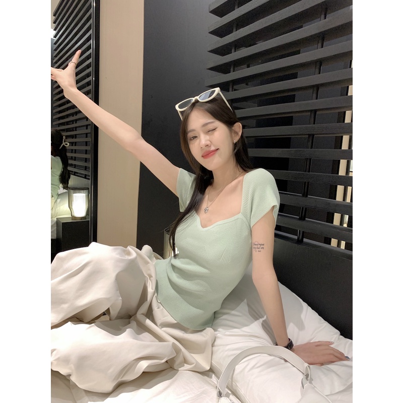 Áo Thun Dệt Kim Ngắn Tay Cổ Vuông Dáng Ôm Thời Trang