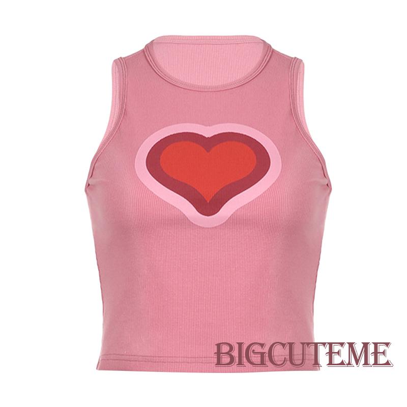 Áo Croptop Sát Nách Cổ Tròn Dáng Ôm In Họa Tiết Trái Tim Ngọt Ngào Thời Trang Mùa Hè Cho Nữ