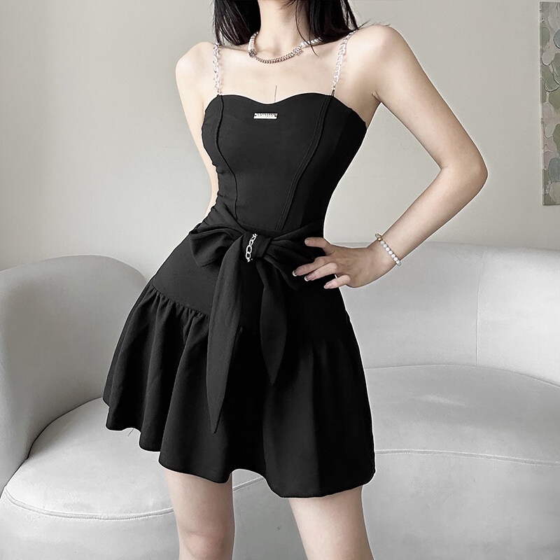 Kliou Đầm Hai Dây Dáng Chữ A Mini Màu Đen Trơn Đơn Giản Phong Cách Hàn Quốc Thời Trang 2023 Dành Cho Bạn Nữ