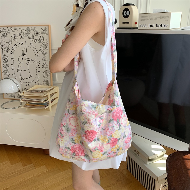Túi Đeo Chéo Chất Liệu Cotton Mỏng Cỡ Lớn Họa Tiết Hoa Mẫu Đơn Thời Trang Cho Nữ