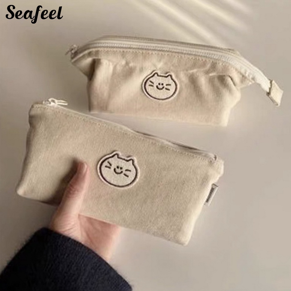 Túi Đựng Bút Bằng Vải Bạt Có Khóa Kéo Bề Mặt In Họa Tiết Chó / Mèo Dễ Thương Chống Mài Mòn Cho Học Sinh / Văn Phòng