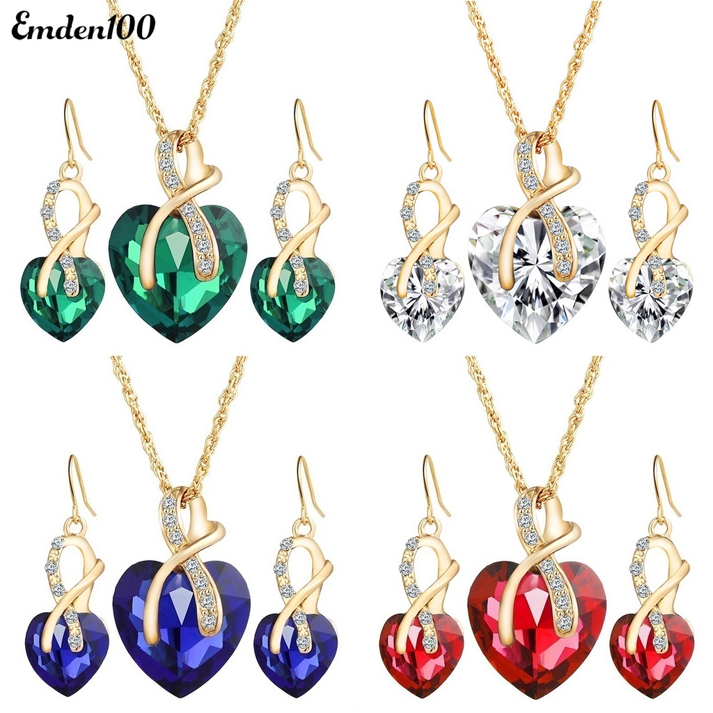 Bộ Vòng cổ + Bông Tai Hình Trái Tim Bằng Hợp Kim