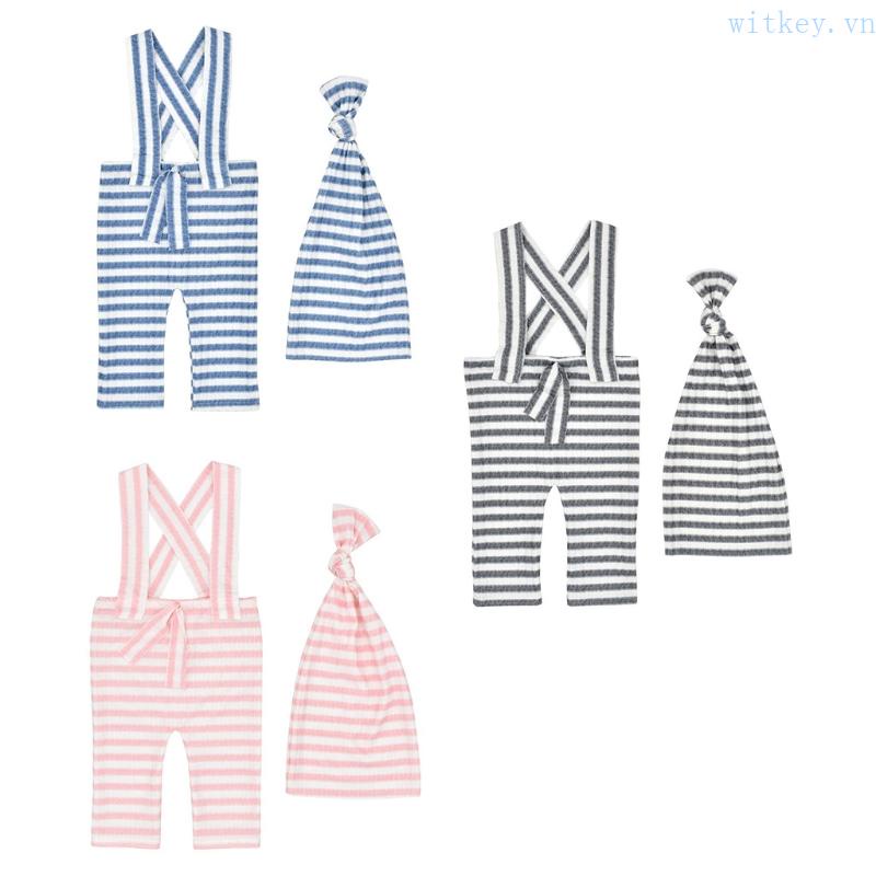 Bộ 2 Món Áo Liền Quần + Mũ Thắt Nút Họa Tiết Kẻ Sọc + Nón + Dây Đeo Dùng Làm Đạo Cụ Chụp