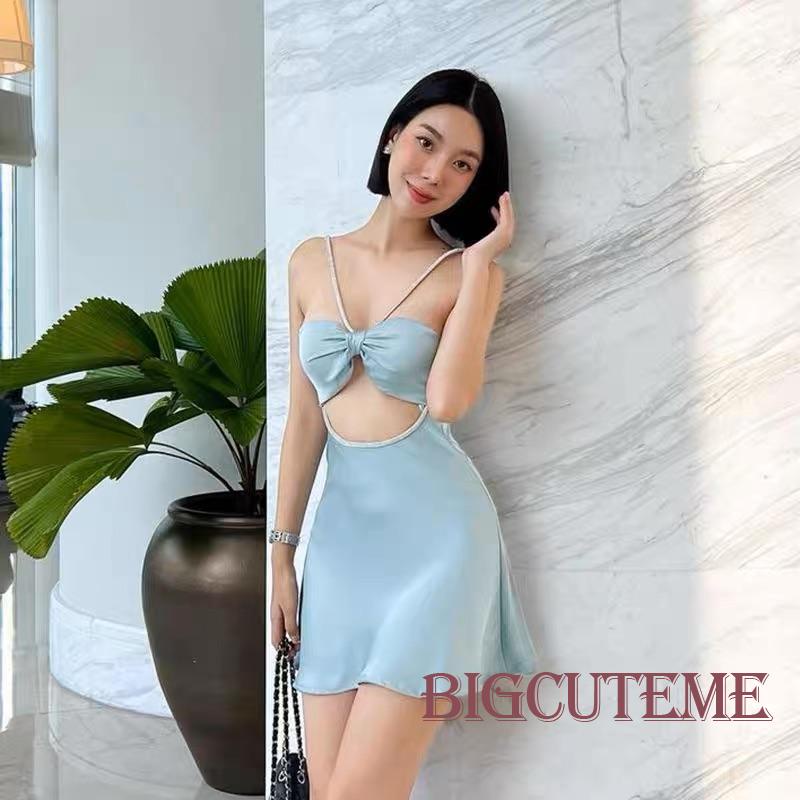 [] - Đầm Mini Hai Dây Cổ Chữ V Màu Trơn Sáng Bóng Mùa Hè Dành Cho Nữ