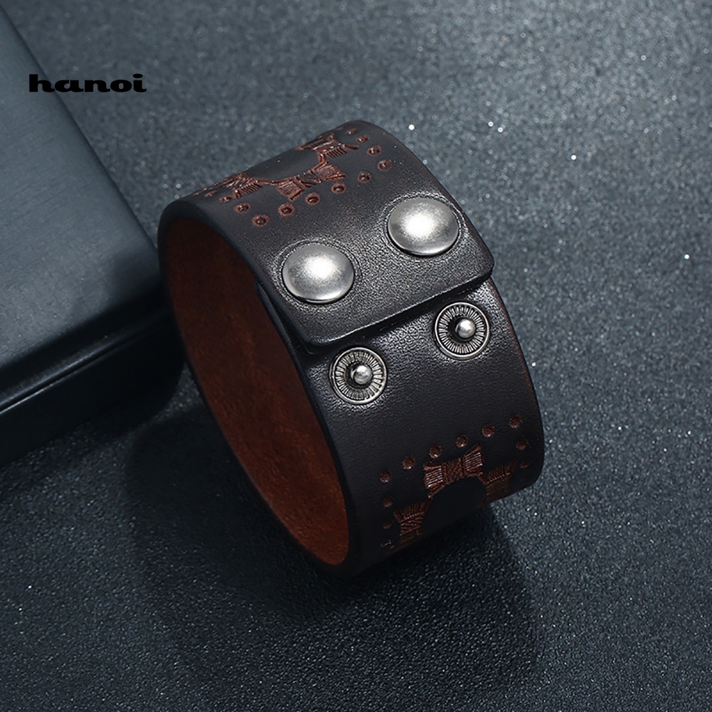 Vòng Tay Giả Da Bản Rộng Đính Nút Dập Nổi Vintage Cho Nam
