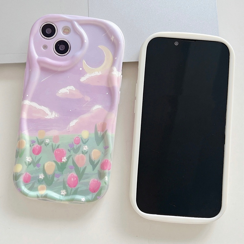 Soft Casing for iPhone 15 14 Pro Max 13 12 11 ProMax X XS XR 7 8 6 6S Plus SE 2020ins Cream Edge Pink Purple Oil painting Moon cloud Starry sky Sea of Flowers Fine Hole Airbag Shockproof Protection Phone Case STN 19